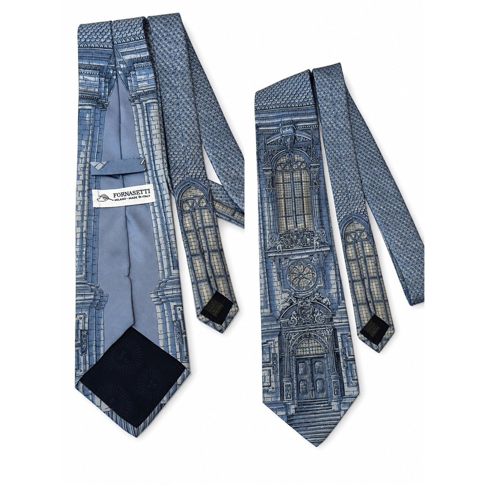 Fornasetti Cattedrale Silk Tie Milano Italy Blue Architectural Cathedral Print